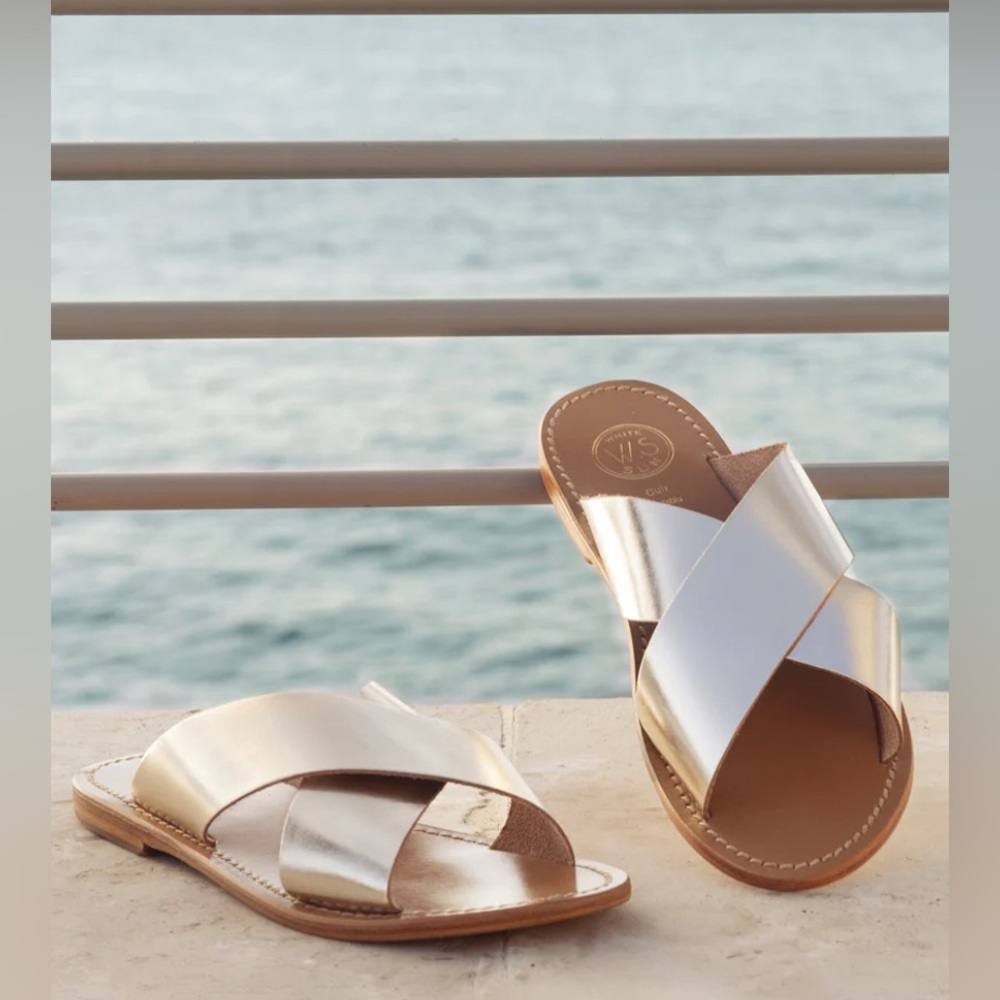 Sandals Mules Shoes Womens White Sun Gold Buff Leather Flats 8 NEW NIB NWT